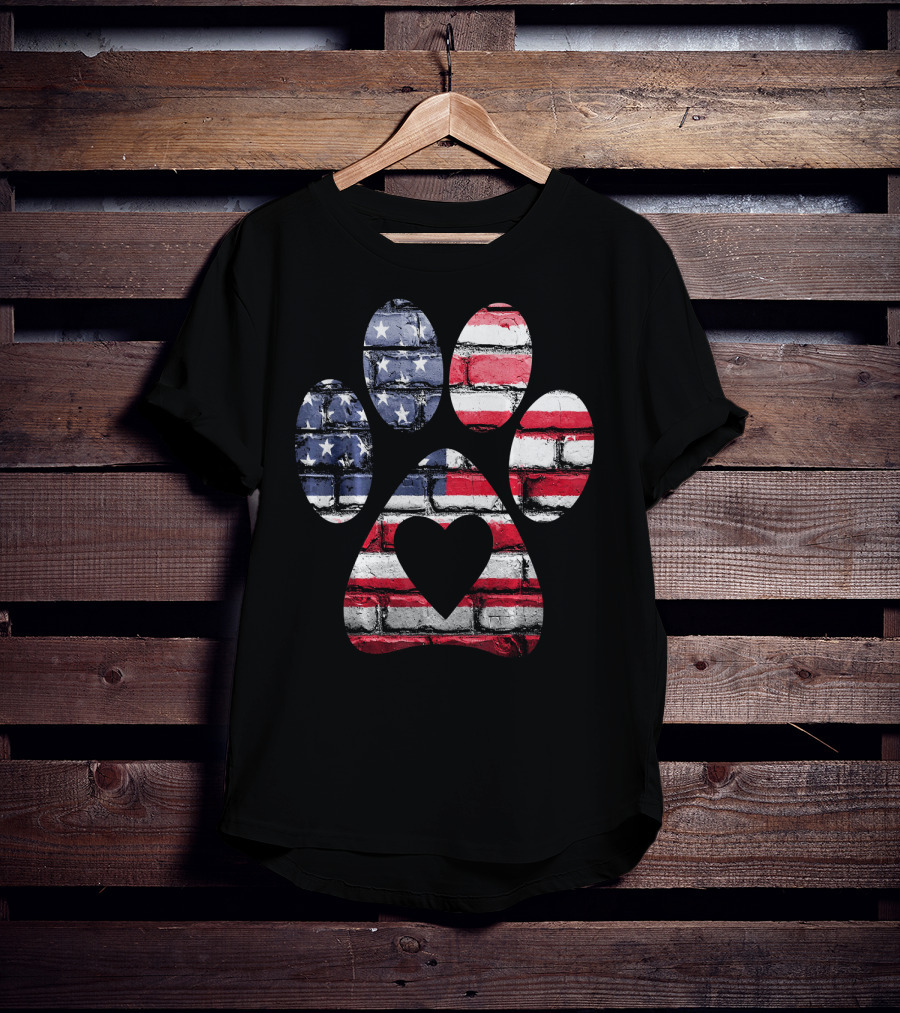 Patriotic Dog Paw With American Flag Heart T-Shirt