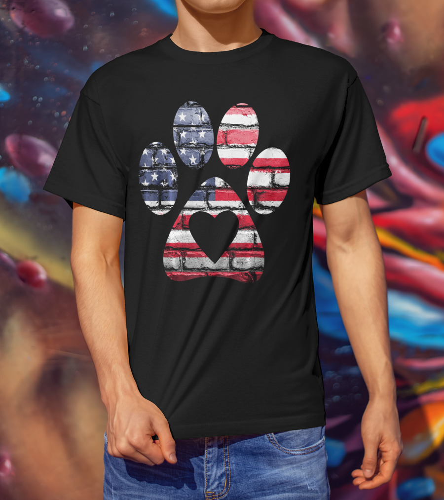 Patriotic Dog Paw With American Flag Heart T-Shirt