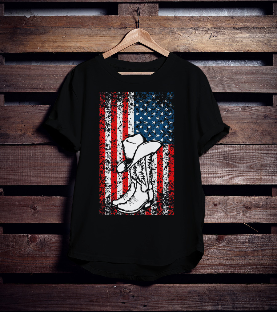 Cowboy Hat Boots American Flag Patriotic T-Shirt