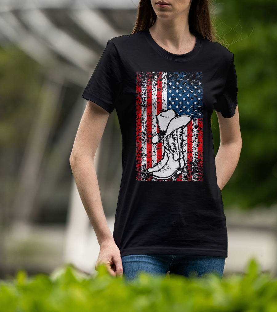 Cowboy Hat Boots American Flag Patriotic T-Shirt