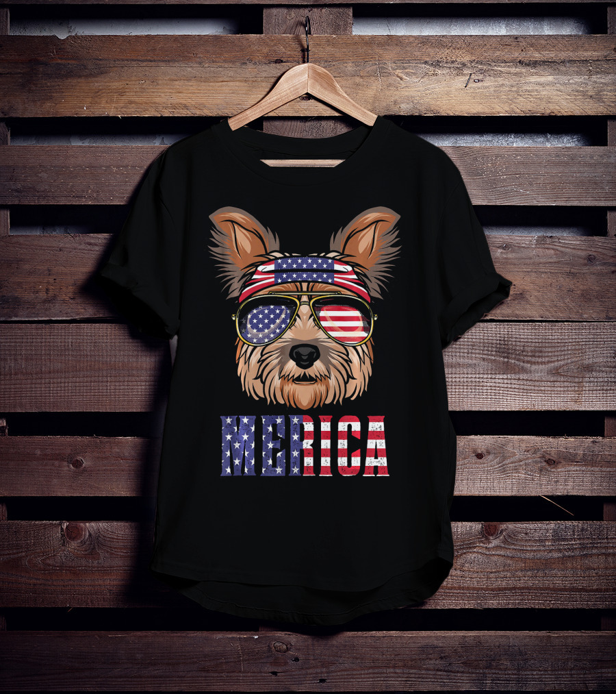 Yorkie Dog Merica American Flag Sunglasses Bandana T-Shirt