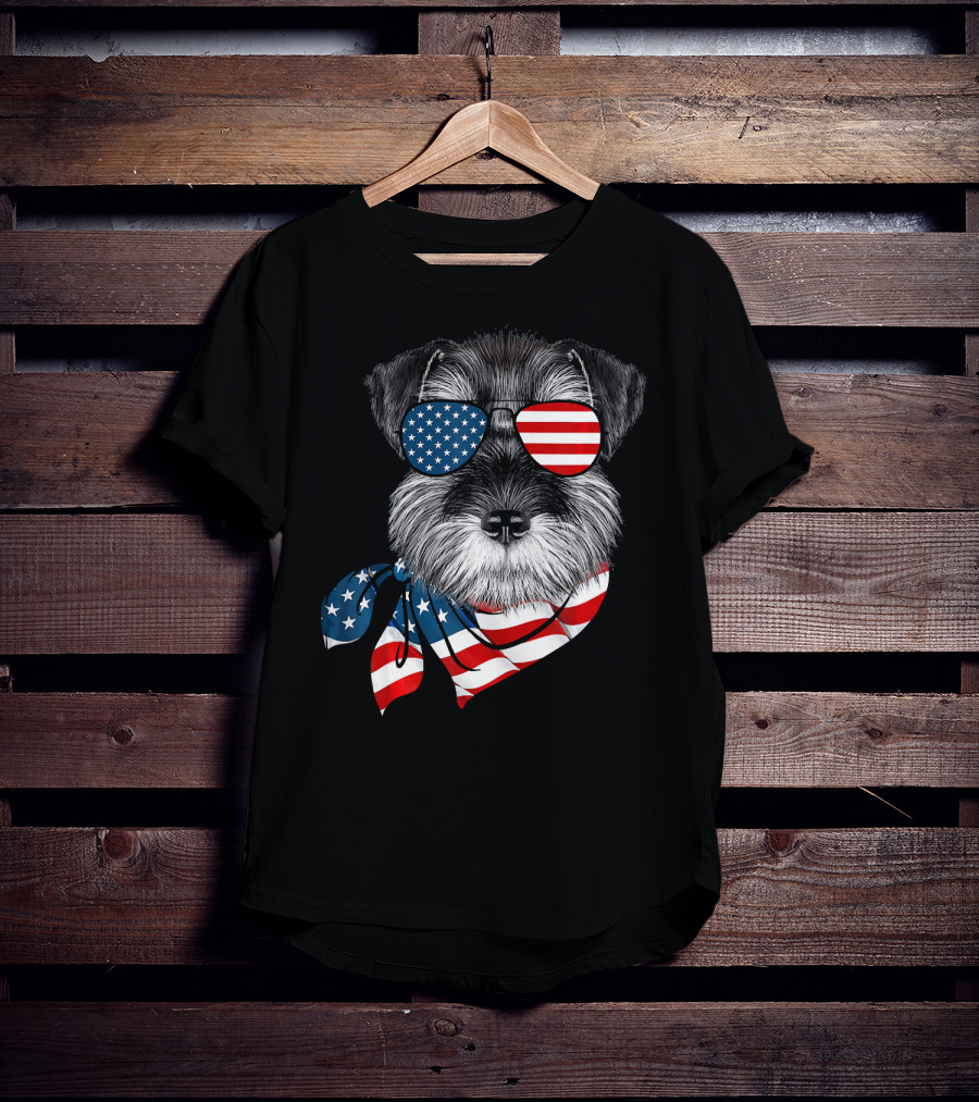 Schnauzer With American Flag Sunglasses And Scarf Patriotic T-Shirt