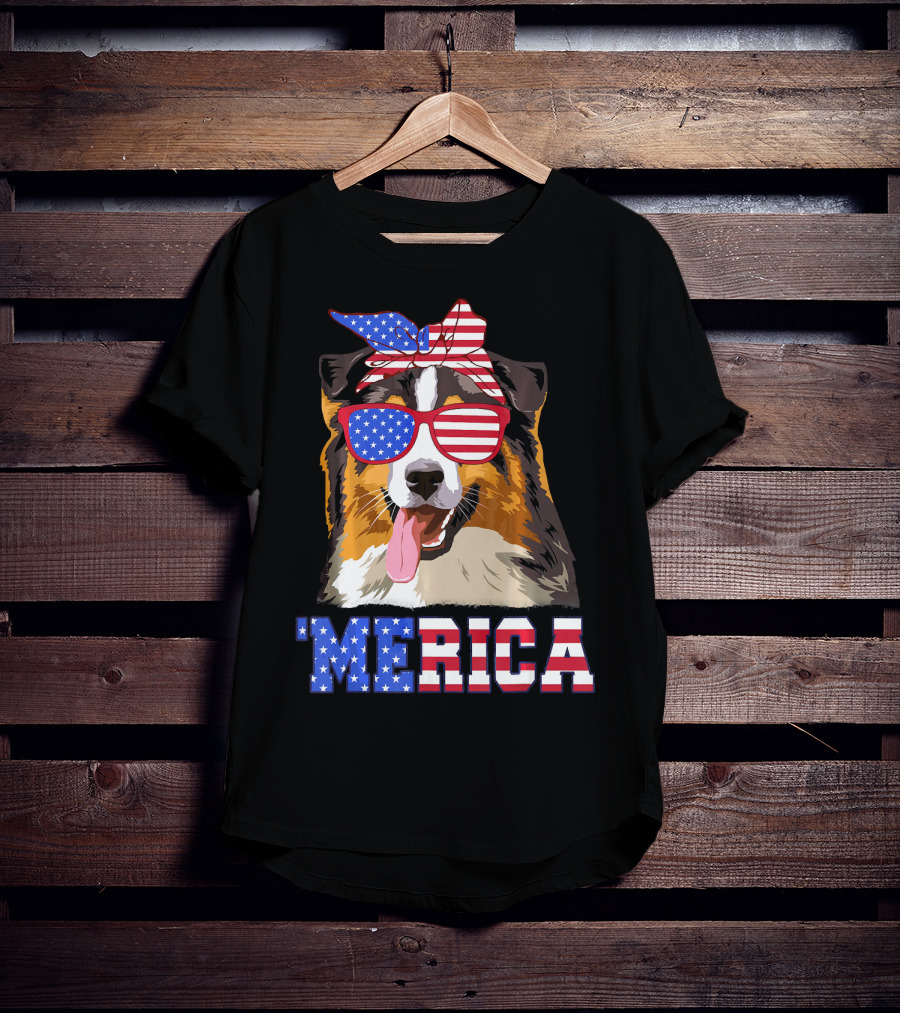 Aussie Dog Mom 'Merica American Flag Sunglasses And Bandana T-Shirt