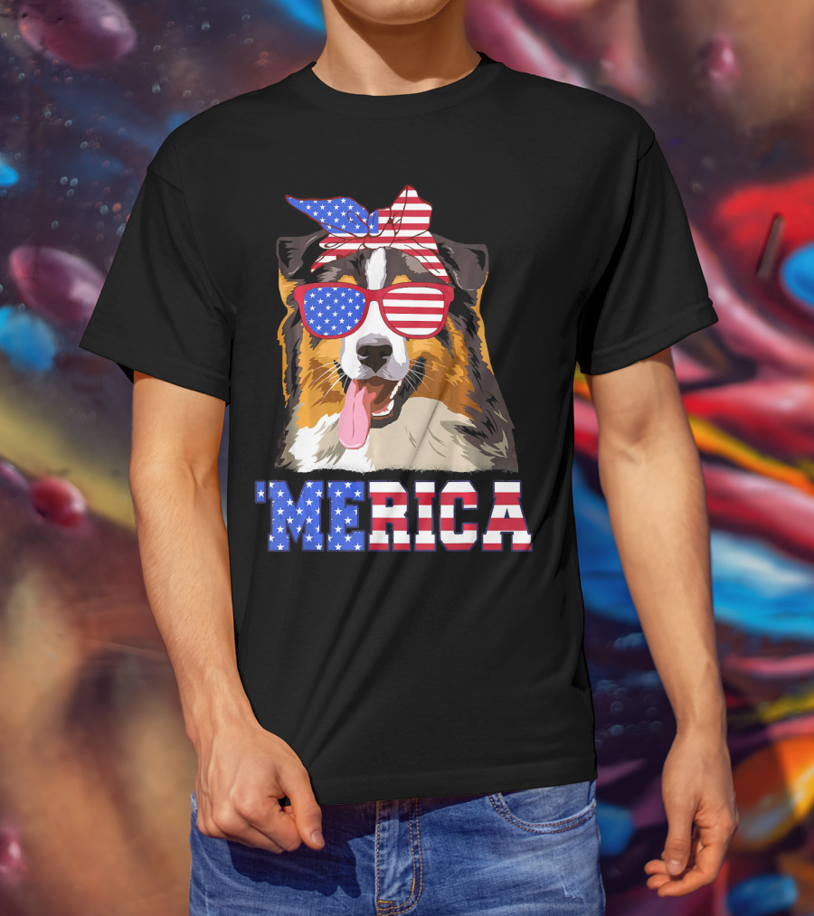 Aussie Dog Mom 'Merica American Flag Sunglasses And Bandana T-Shirt