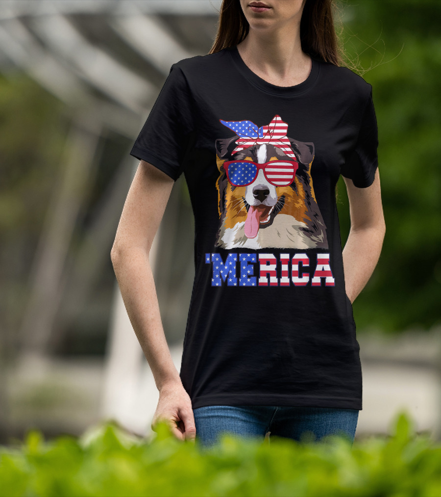 Aussie Dog Mom 'Merica American Flag Sunglasses And Bandana T-Shirt