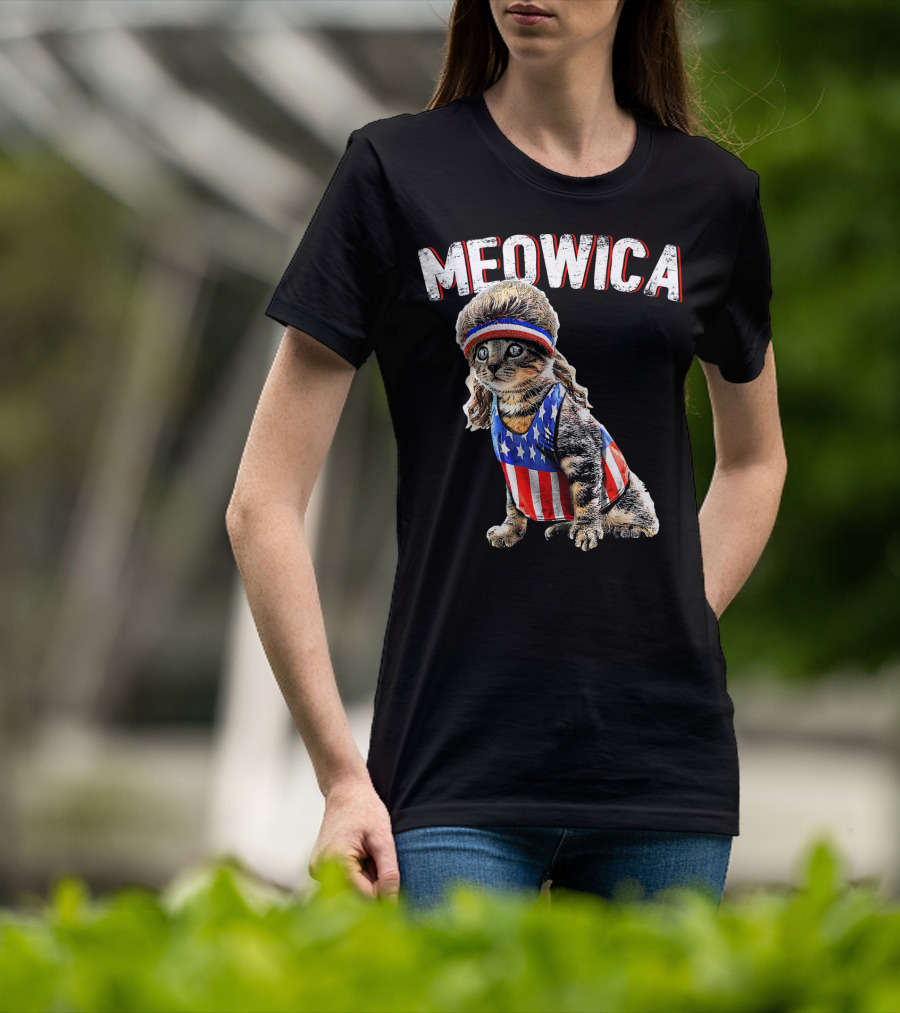 Meowica Cat Mullet American Flag Headband Stars And Stripes Tank Top T-Shirt