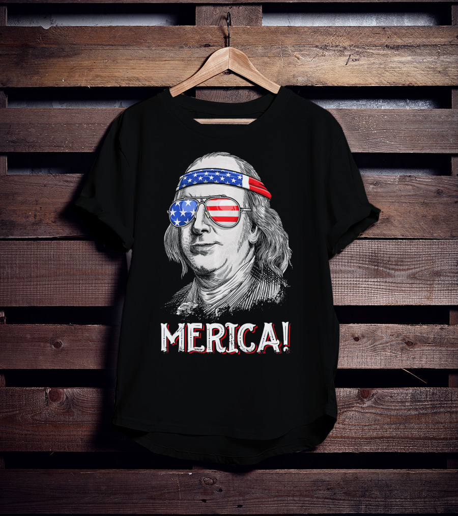 Benjamin Franklin Merica Patriotic USA Bandana Sunglasses T-Shirt