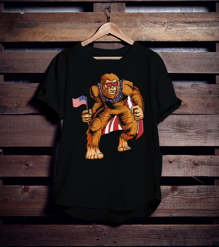 Bigfoot Patriotic American Flag Sunglasses Flag-Waving Stance T-Shirt