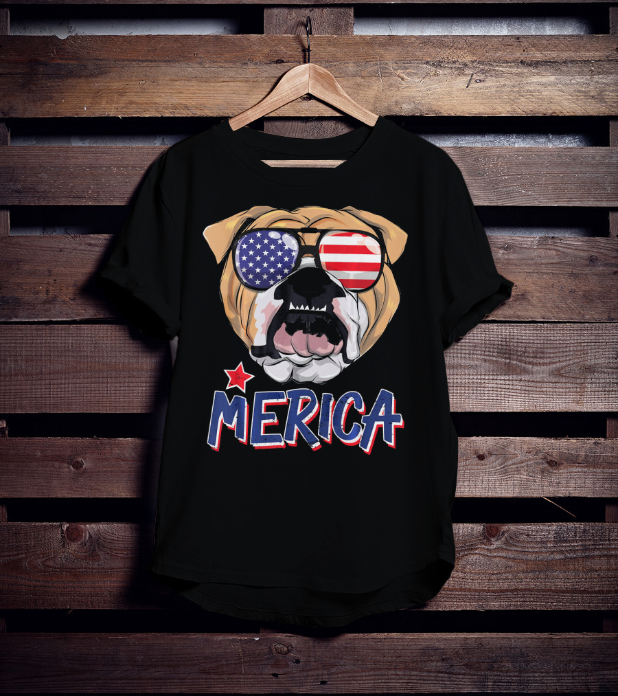 English Bulldog Sunglass Merica American Flag T-Shirt