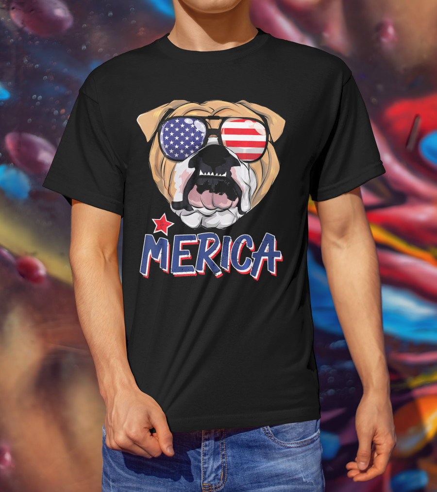 English Bulldog Sunglass Merica American Flag T-Shirt