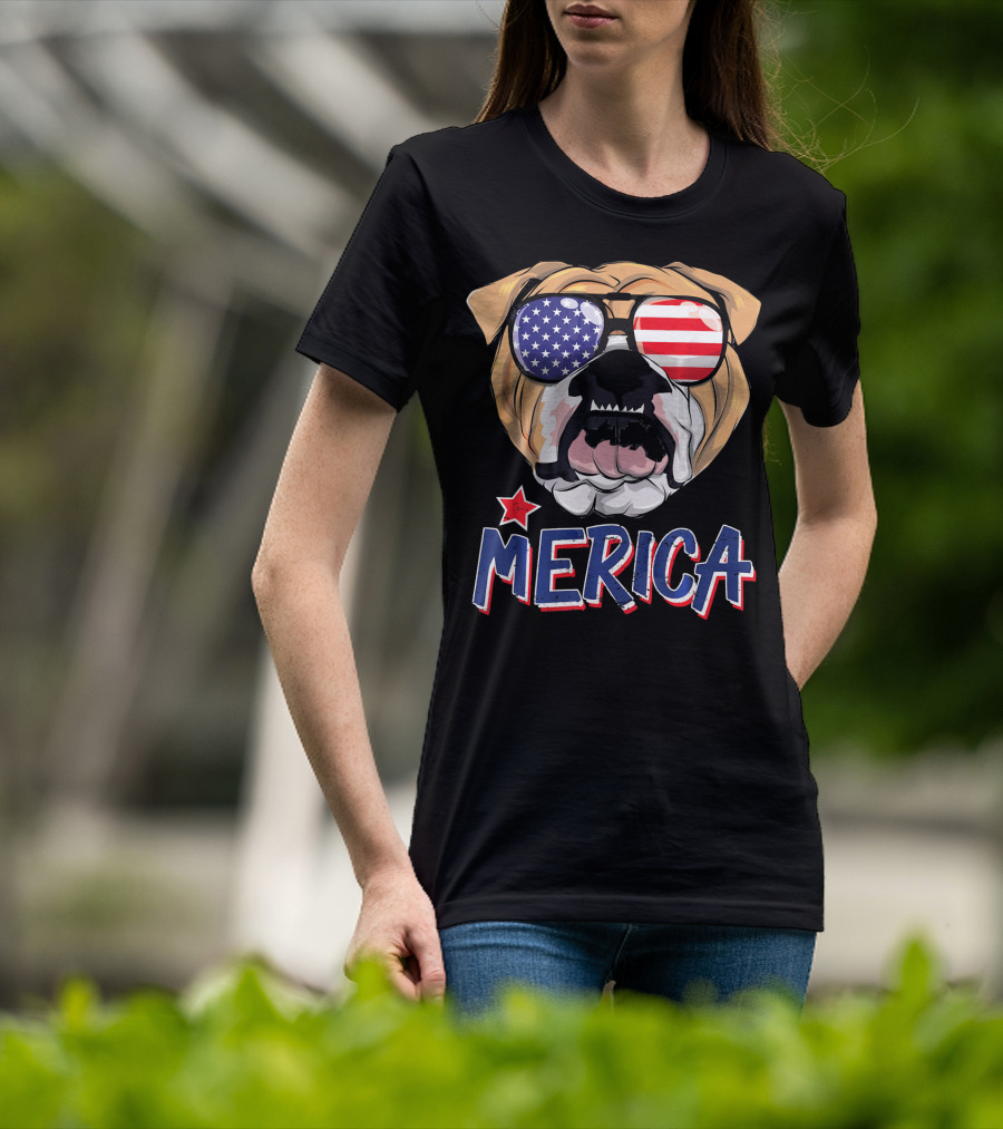 English Bulldog Sunglass Merica American Flag T-Shirt