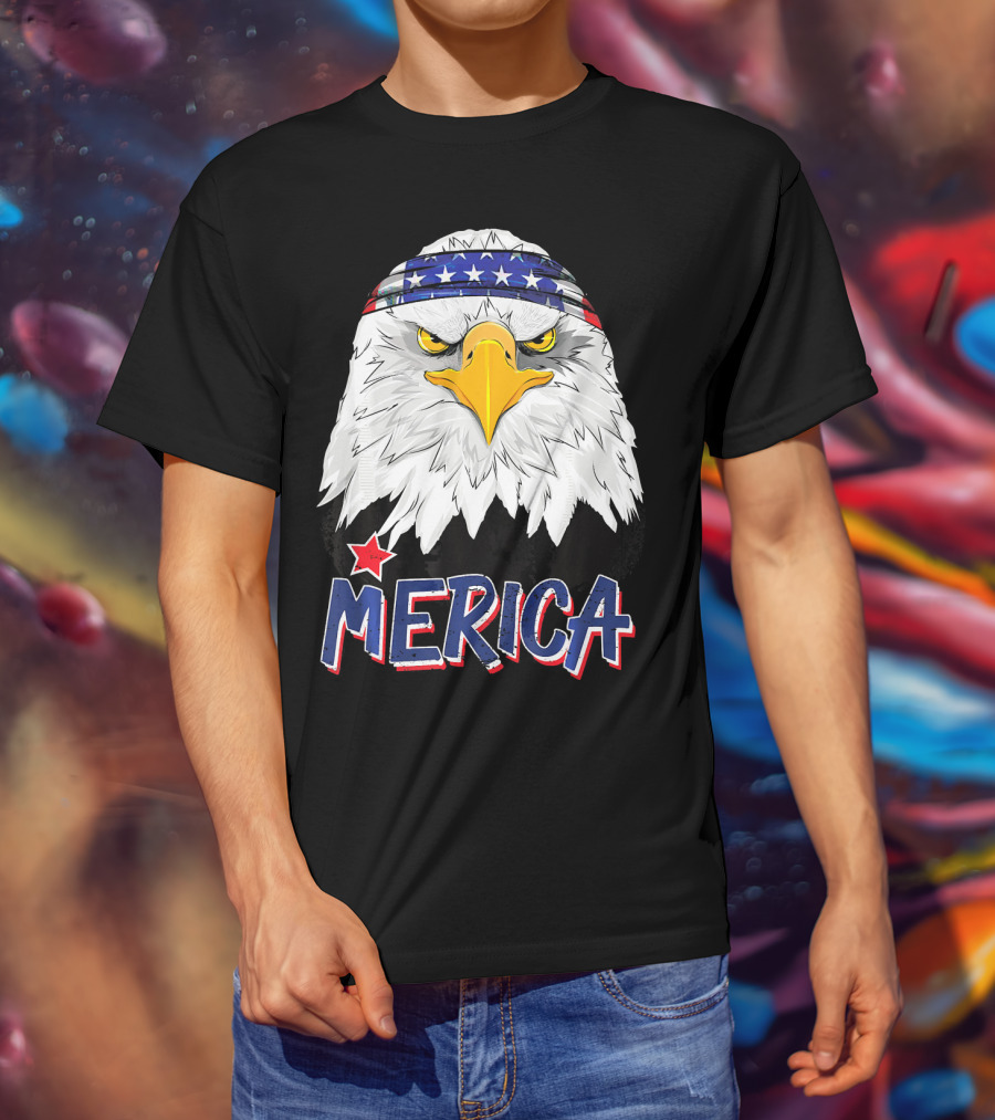 Merica Patriotic American Bald Eagle With Star-Spangled Headband T-Shirt
