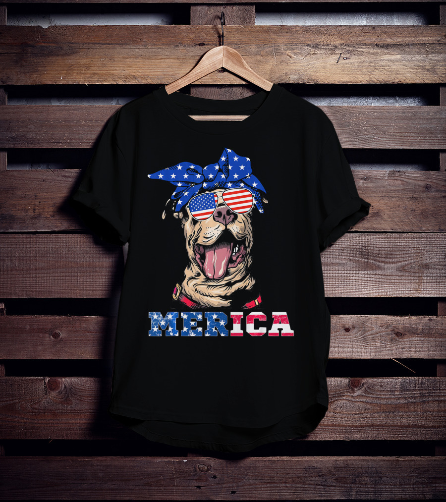 Merica American Flag Pitbull Wearing Bandana And Sunglasses T-Shirt