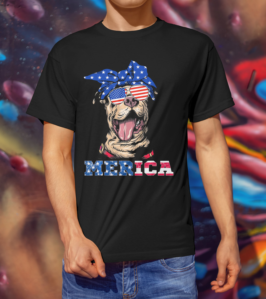 Merica American Flag Pitbull Wearing Bandana And Sunglasses T-Shirt