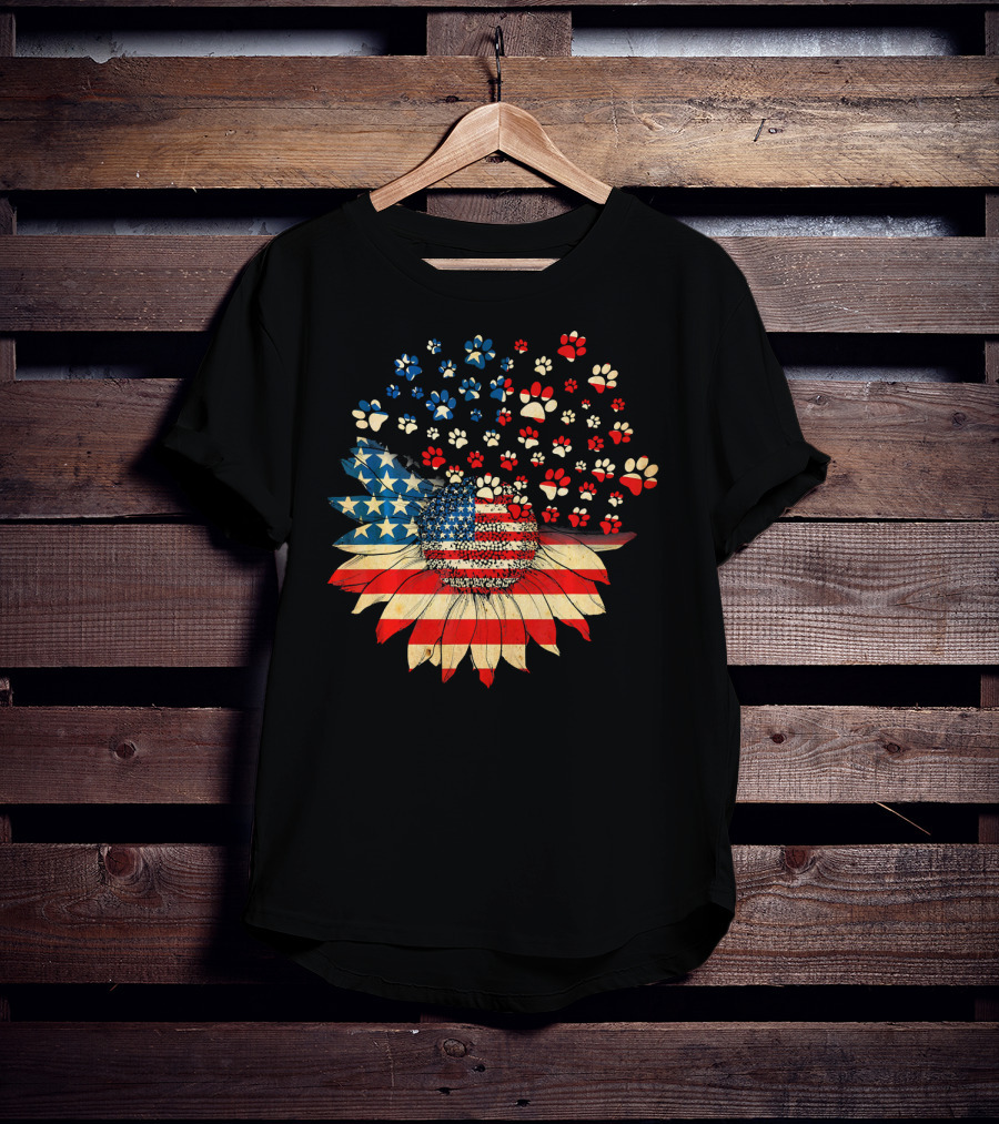 American Flag Sunflower With Dog Paw T-Shirt