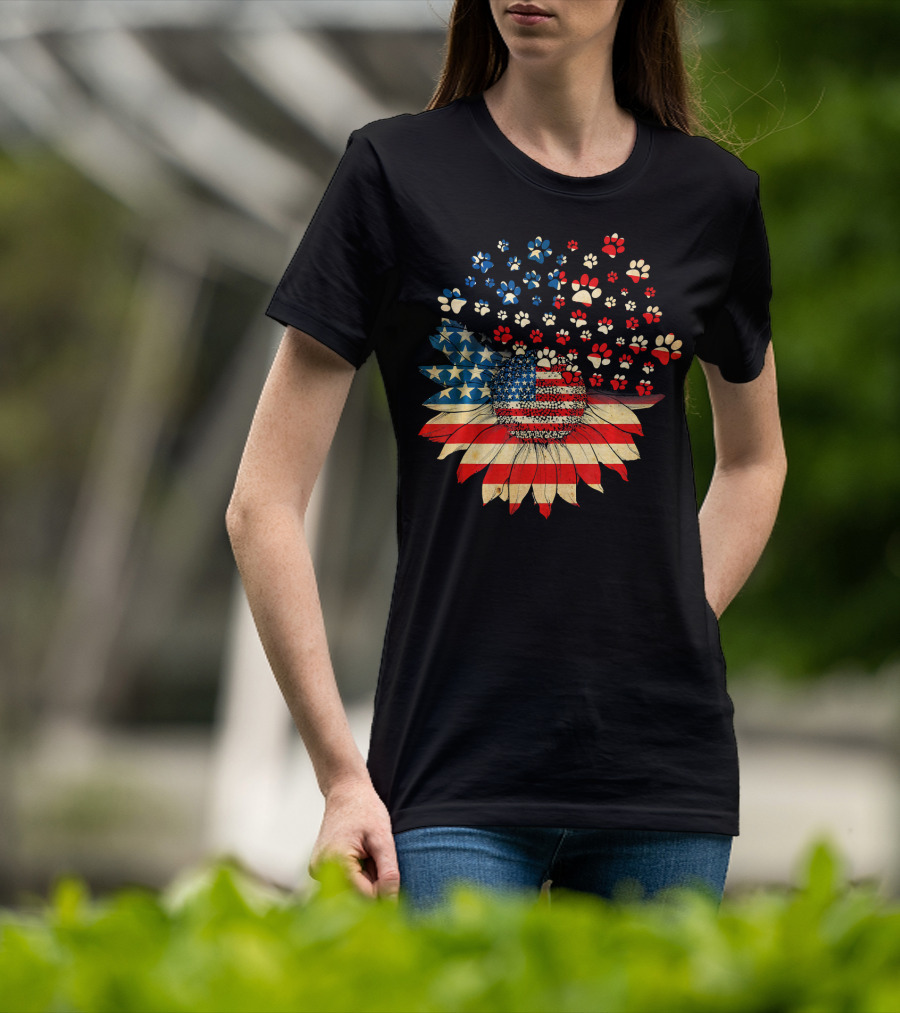 American Flag Sunflower With Dog Paw T-Shirt