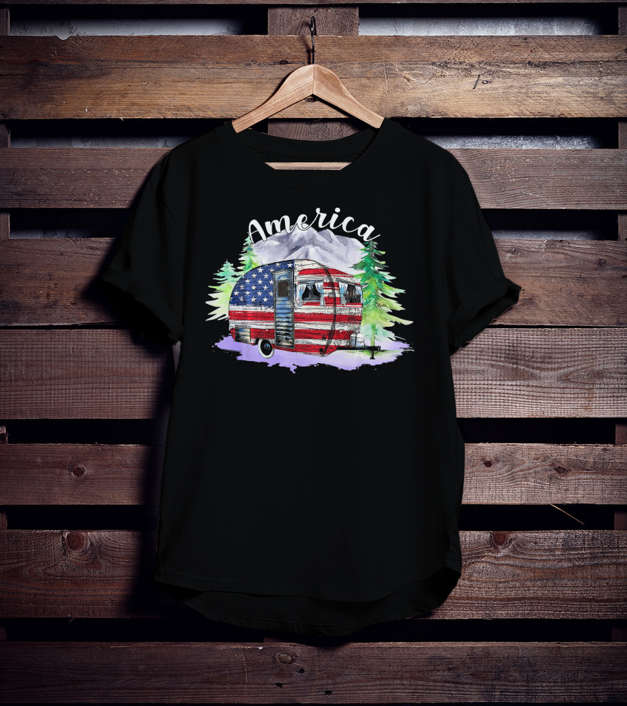 America Camping Van With USA Flag And Mountains For Fourth Of July T-Shirt