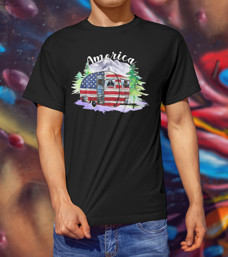 America Camping Van With USA Flag And Mountains For Fourth Of July T-Shirt