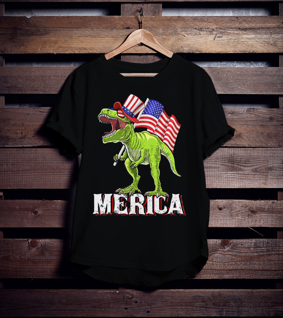 'Merica Patriotic Rex Dinosaur With American Flags And Hat T-Shirt