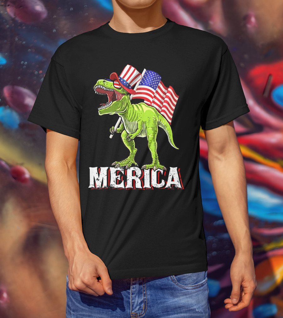 'Merica Patriotic Rex Dinosaur With American Flags And Hat T-Shirt