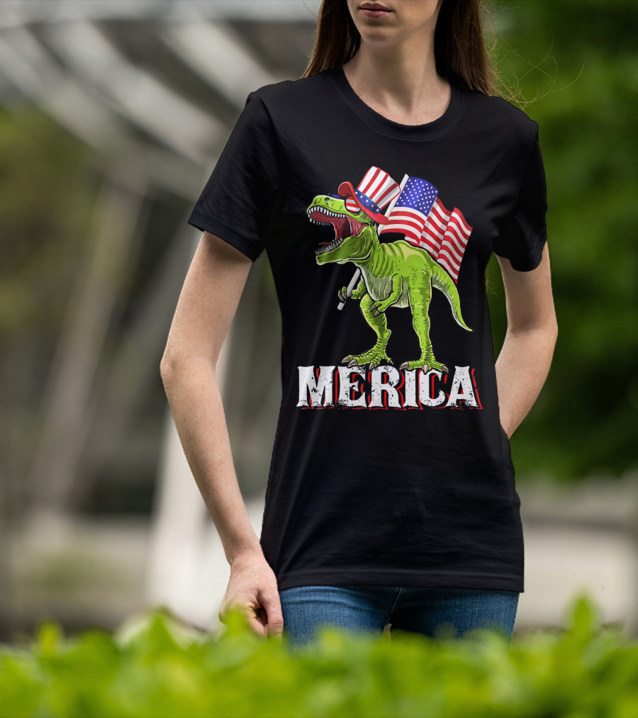 'Merica Patriotic Rex Dinosaur With American Flags And Hat T-Shirt