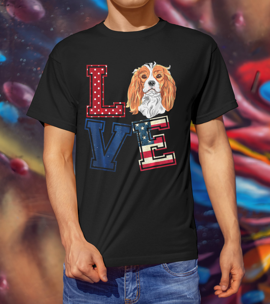 LOVE Cavalier King Charles Spaniel American Flag Face T-Shirt