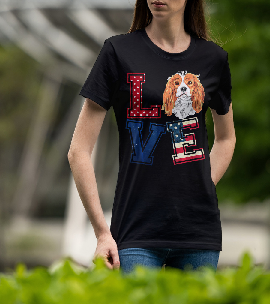 LOVE Cavalier King Charles Spaniel American Flag Face T-Shirt