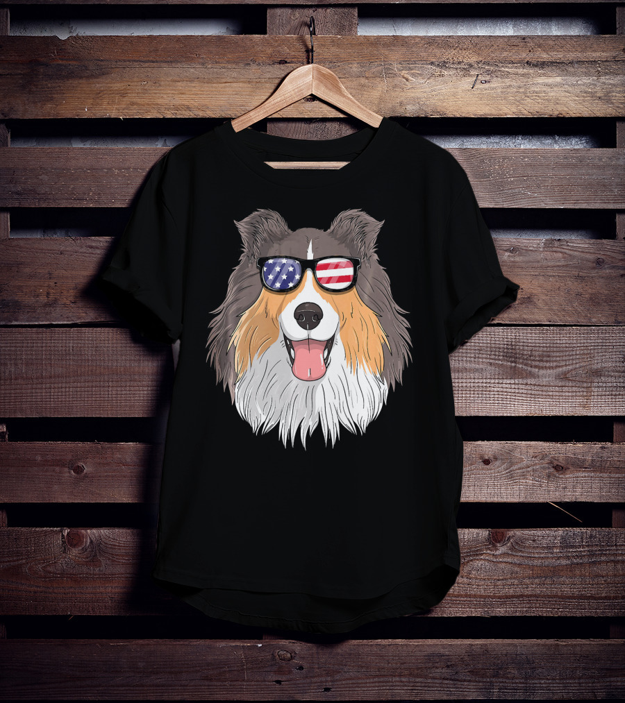 Shetland Sheepdog Patriotic Sheltie With American Flag Sunglasses T-Shirt