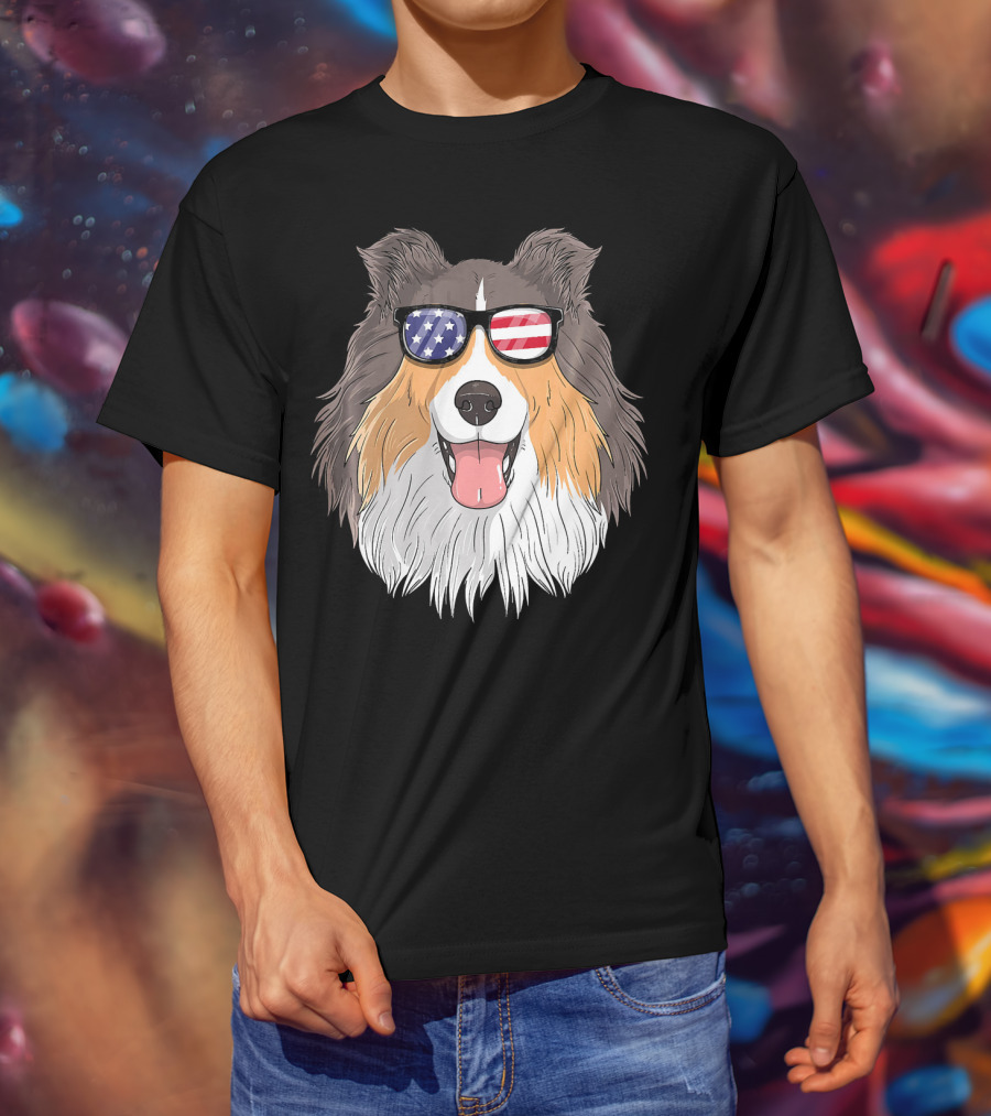 Shetland Sheepdog Patriotic Sheltie With American Flag Sunglasses T-Shirt