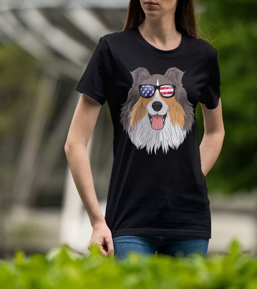 Shetland Sheepdog Patriotic Sheltie With American Flag Sunglasses T-Shirt