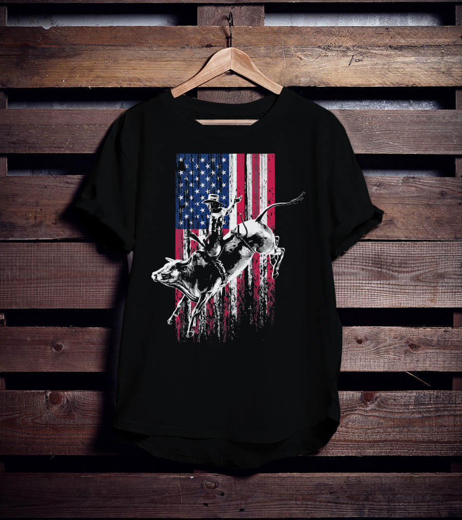 Patriotic American Flag Bull Rider Rodeo Scene T-Shirt