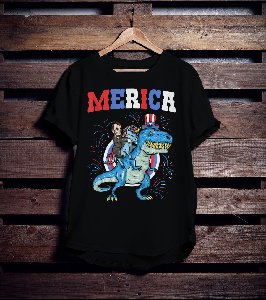 Merica Abe Lincoln Riding Unicorn On T-Rex With Patriotic Hat T-Shirt