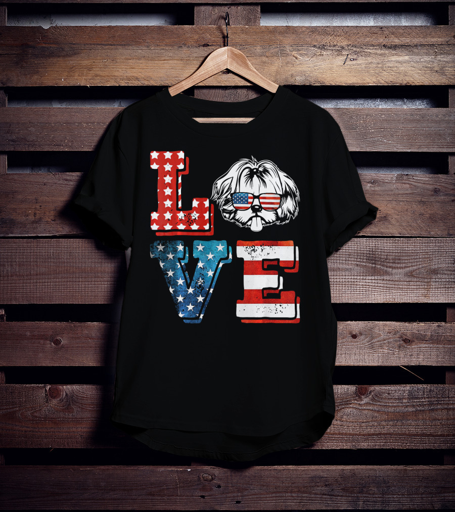 Love Shih Tzu Patriotic American Flag Sunglasses T-Shirt