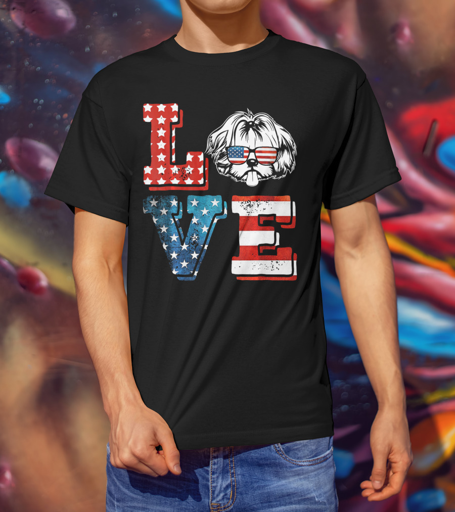 Love Shih Tzu Patriotic American Flag Sunglasses T-Shirt