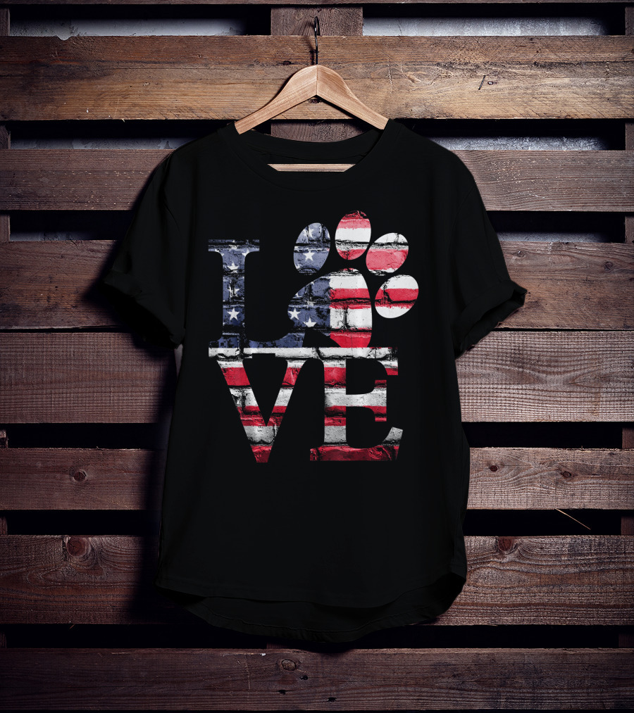 Patriotic Love USA Flag Style With Dog Paw T-Shirt