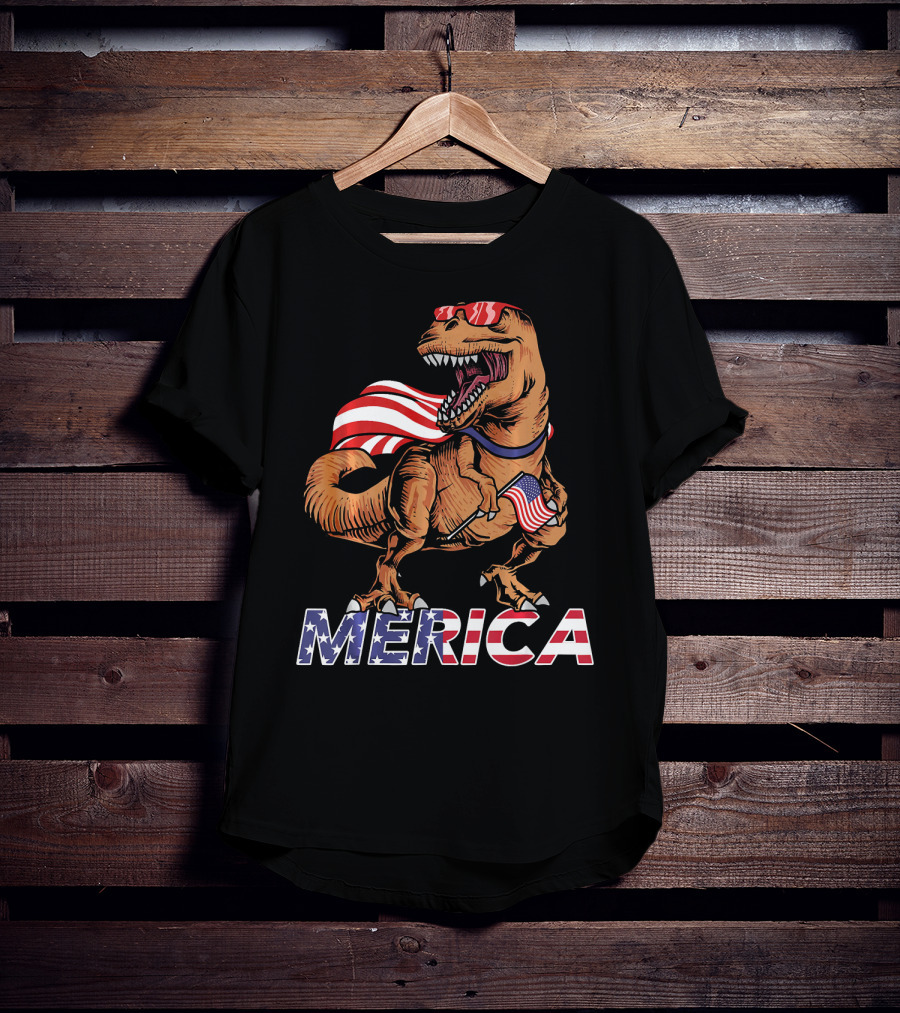 Merica T-Rex With American Flag Sunglasses And Cape T-Shirt