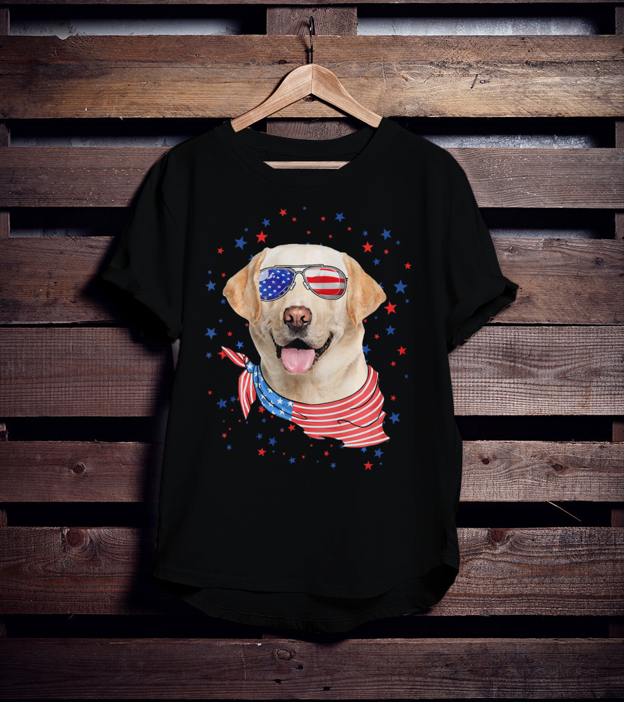 American Flag Labrador With Patriotic Sunglasses And Scarf Surrounded By Stars T-Shirt