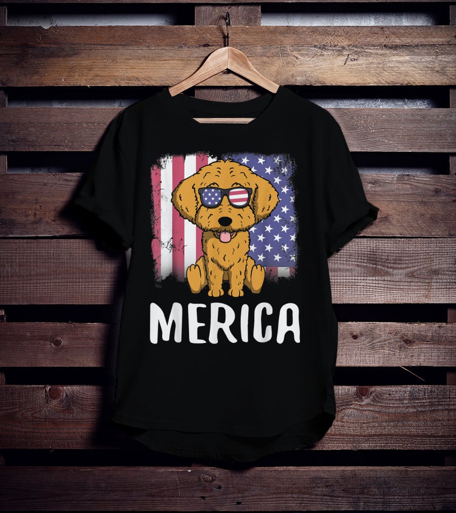 Merica Goldendoodle Dog With American Flag Sunglasses And US Flag Background T-Shirt
