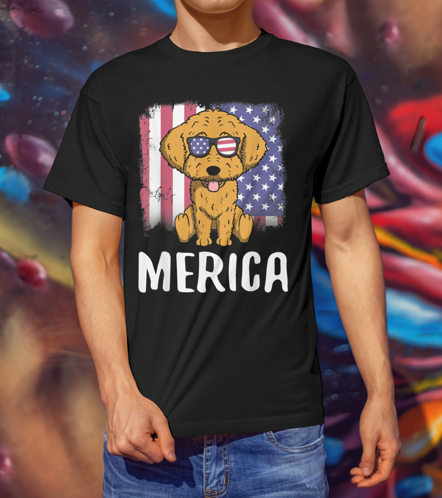Merica Goldendoodle Dog With American Flag Sunglasses And US Flag Background T-Shirt