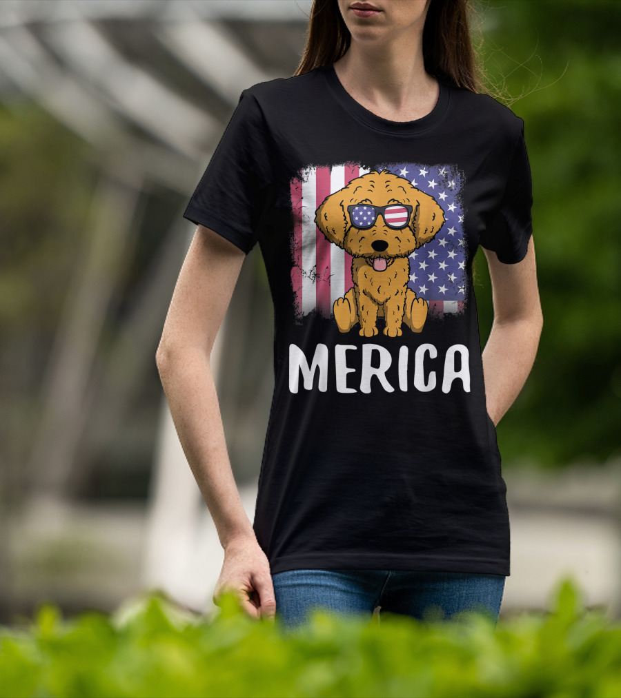 Merica Goldendoodle Dog With American Flag Sunglasses And US Flag Background T-Shirt