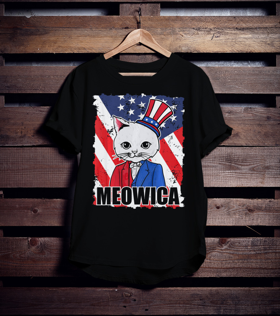 Meowica Cat With Uncle Sam Hat And American Flag Background T-Shirt