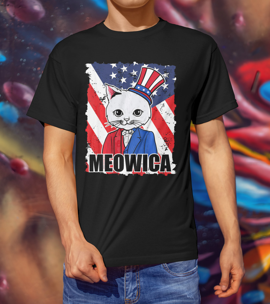 Meowica Cat With Uncle Sam Hat And American Flag Background T-Shirt