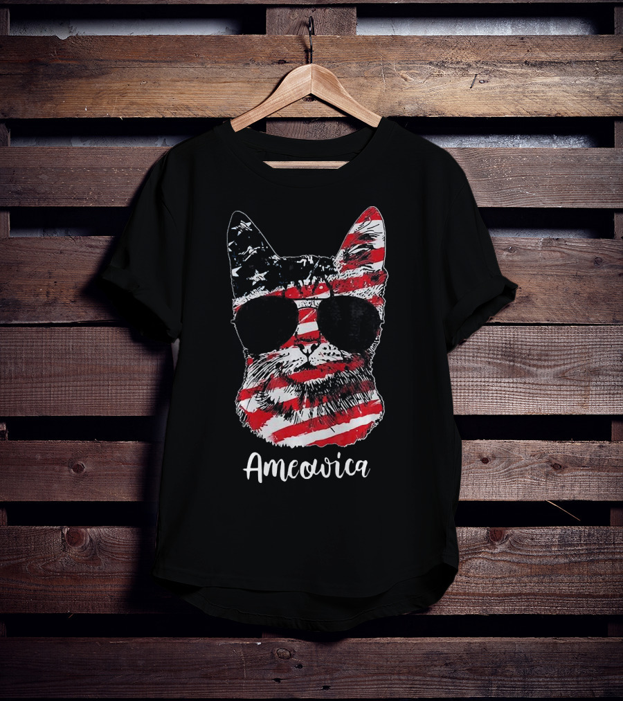 Ameowica Cat Wearing American Flag Pattern With Sunglasses T-Shirt