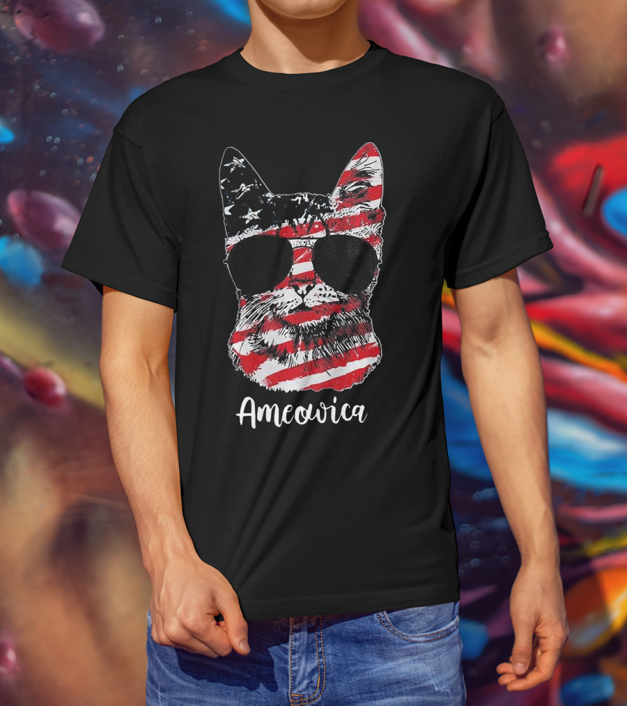 Ameowica Cat Wearing American Flag Pattern With Sunglasses T-Shirt