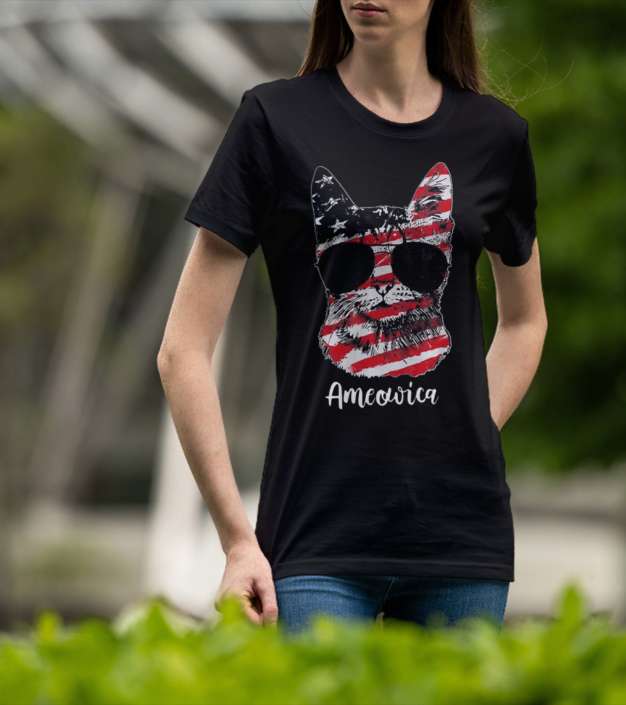 Ameowica Cat Wearing American Flag Pattern With Sunglasses T-Shirt