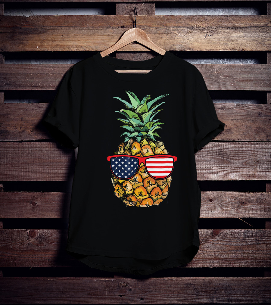 Funny Pineapple With American Flag Glasses Fourth Of July T-Shirt