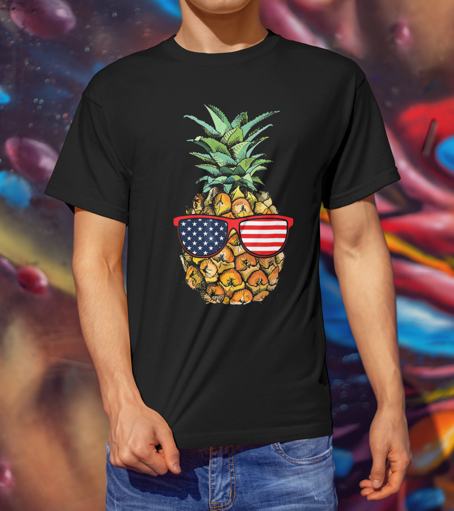 Funny Pineapple With American Flag Glasses Fourth Of July T-Shirt