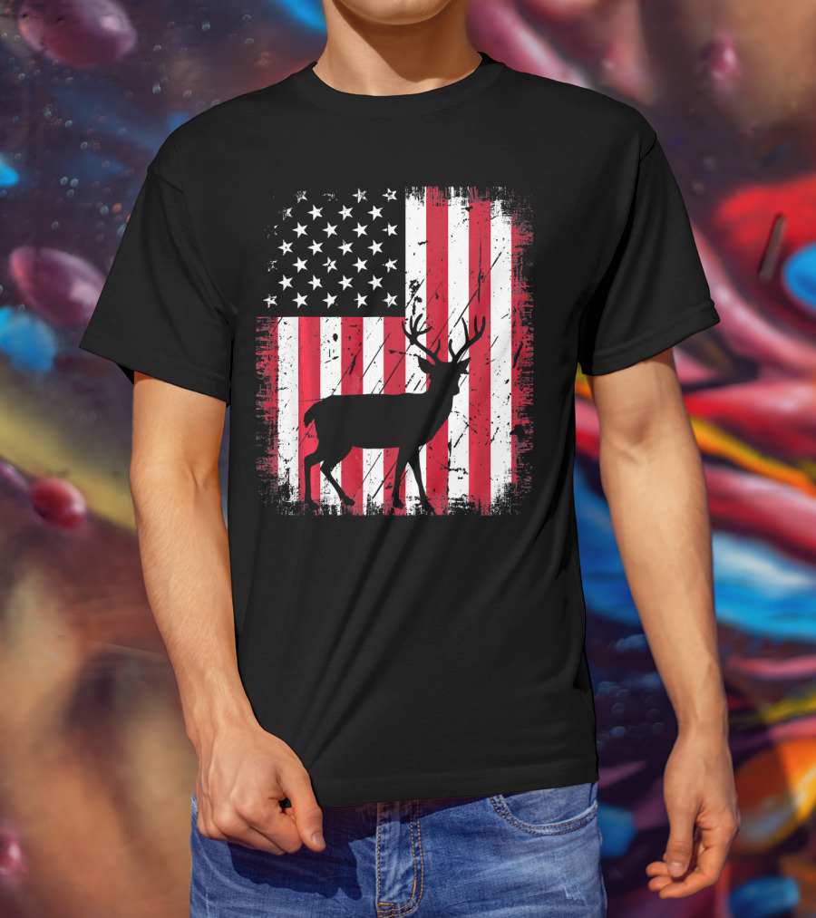 Vintage Deer USA American Flag Fourth Of July T-Shirt