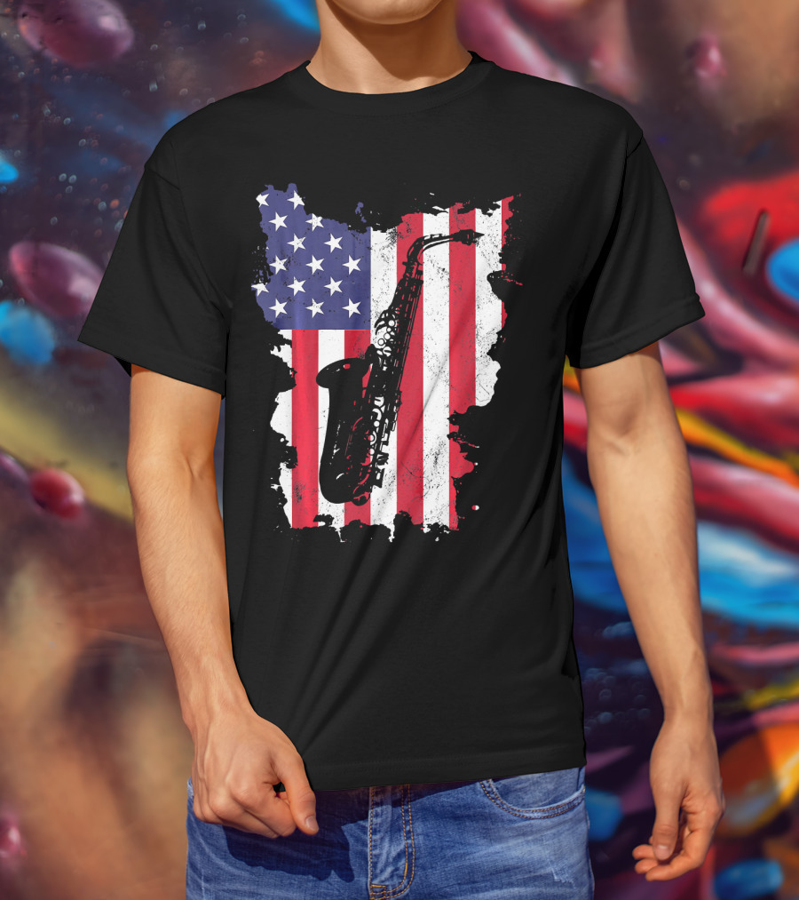 Saxophone USA Flag America Instrument T-Shirt