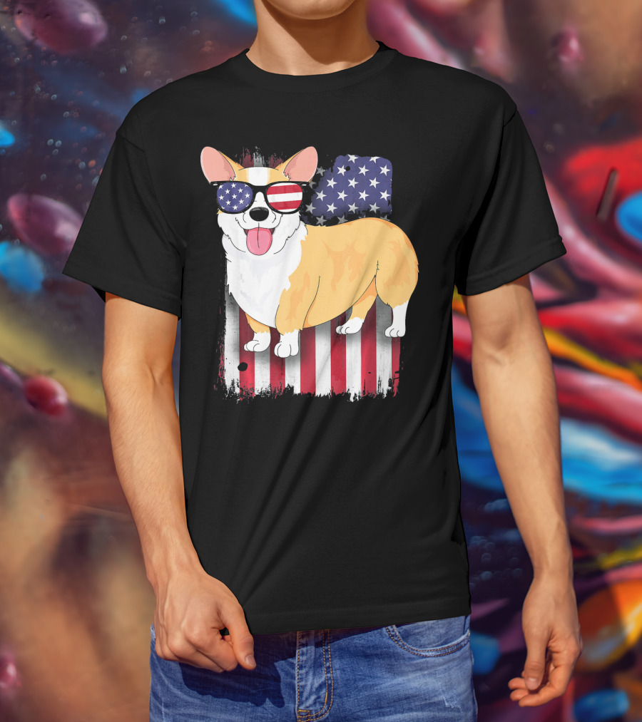 Corgi American Flag Sunglasses Patriotic Spirit T-Shirt